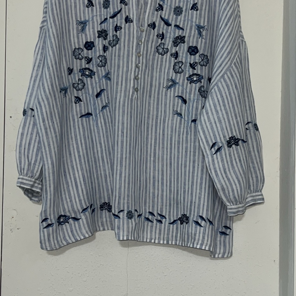 J. Jill Love Linen Blues Striped and Embroidered 3/4 Sleeve Blouse Size 3X - Picture 4 of 10